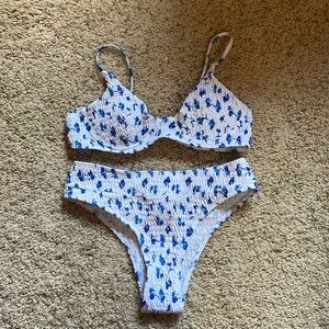 Shein White and Blue Floral Ribbed Bikini